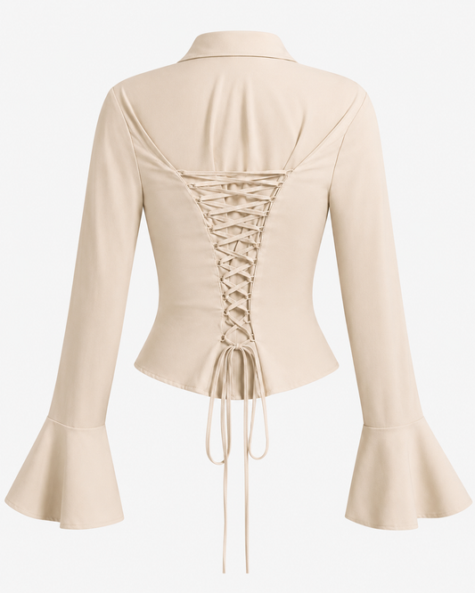 SHEIN Women’s Beige Lace-Up Back Flare Sleeve Blouse