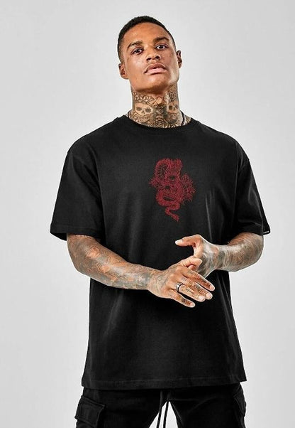 Men’s Black Dragon Graphic Cotton T-Shirt, Short Sleeve Casual Streetwear Top