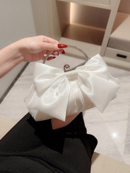 SHEIN Women’s Ivory Satin Bow Mini Handbag – Elegant Metal Handle Evening Bag, SHEIN Fast Delivery in 5 Days