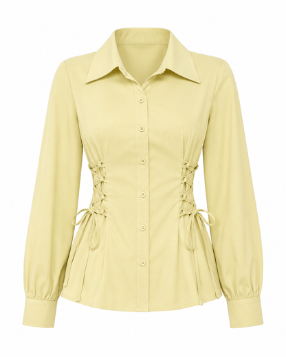 SHEIN Women’s Light Yellow Side Tie Button-Up Shirt – Long Sleeve Waist Tie Blouse, SHEIN Fast Delivery in 5 Days