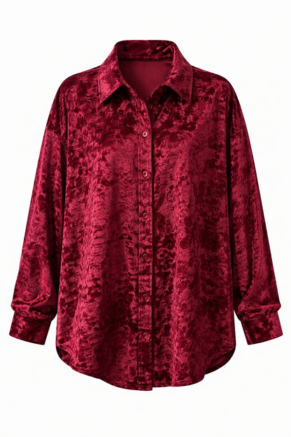 Burgundy Velvet Oversized Shirt for Women – Luxe Button Down Casual Chic Top