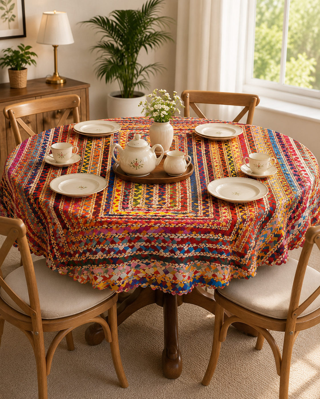 Bohemian Round Multicolor Braided Table Cover 152 cm