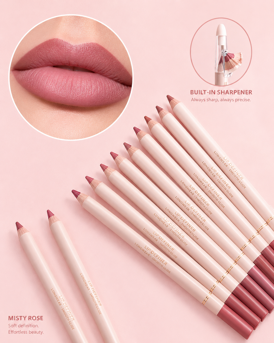 SHEGLAM Lip Liner Pencil – Misty Rose with Built-In Sharpener
