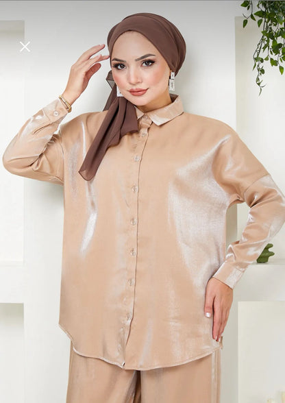 Women’s Beige Satin Two Piece Set – Button Up Shirt and Wide Leg Pants