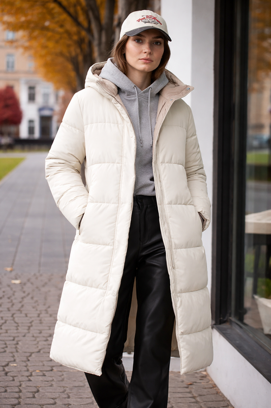 Double Face Long Puffer Coat – Reversible Hooded Winter Jacket – Quilted Warm Outerwear – Beige
