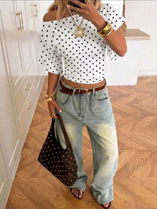 SHEIN Women White Polka Dot One Shoulder Top