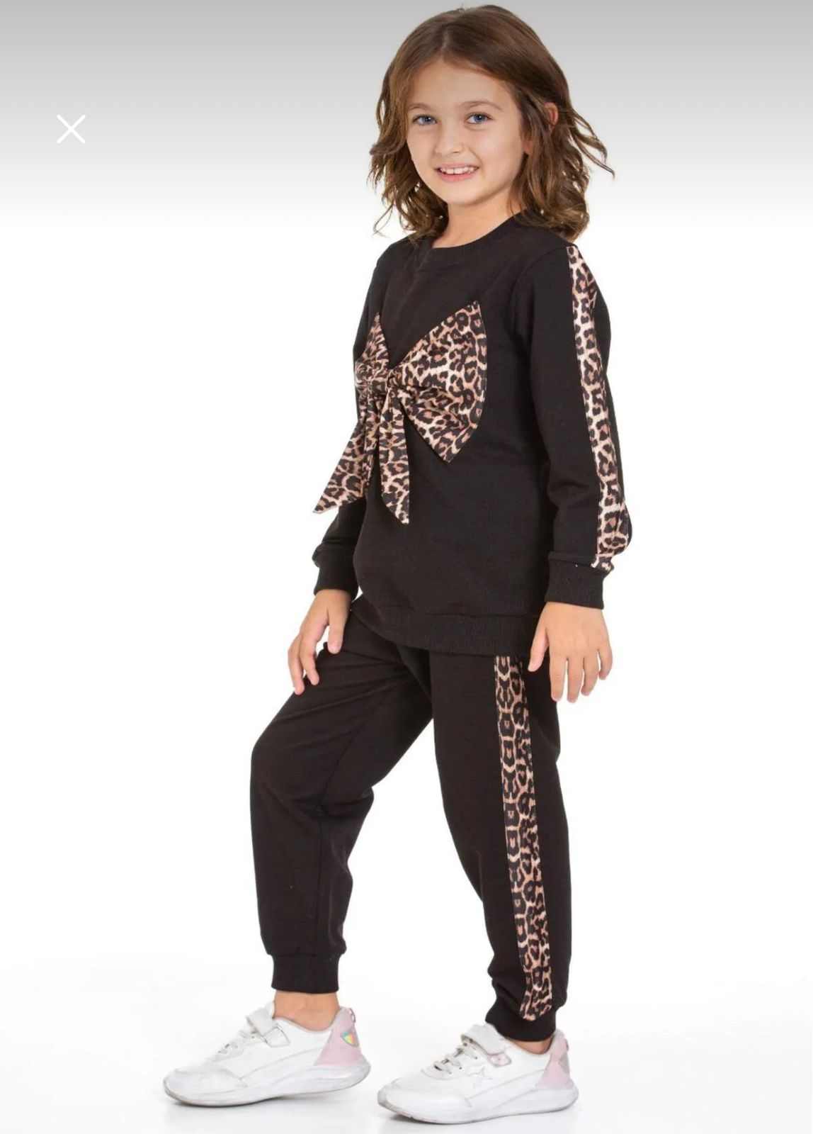Girls 2-Piece Leopard Bow Tracksuit Set – Black Long Sleeve Sweatshirt & Jogger Pants – Casual Stylish Kids Outfit