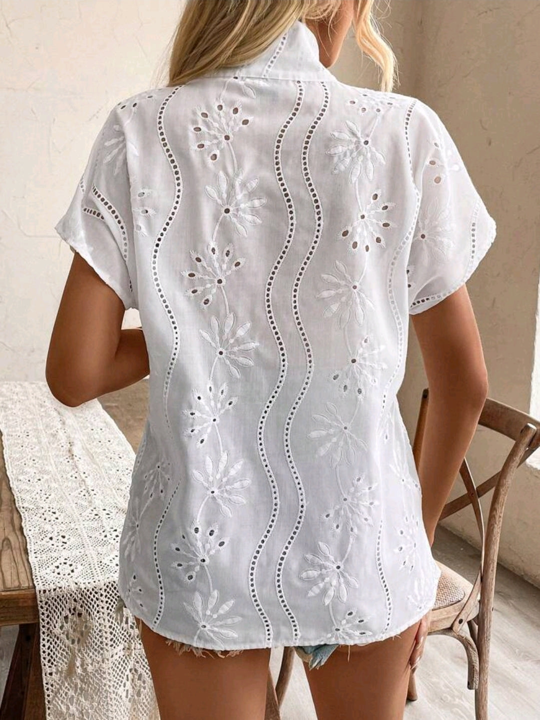 Women’s White Embroidered Eyelet Blouse – Short Sleeve High Neck Summer Top