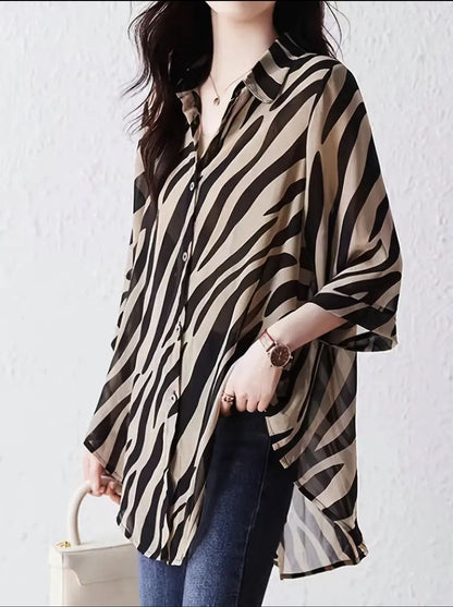 Women’s Zebra Print Oversized Button-Up Shirt, Black Beige Lightweight Blouse