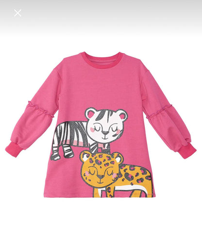 Girls Pink Cartoon Animal Print Dress – Long Sleeve Casual Kids Dress – Cute Everyday Outfit
