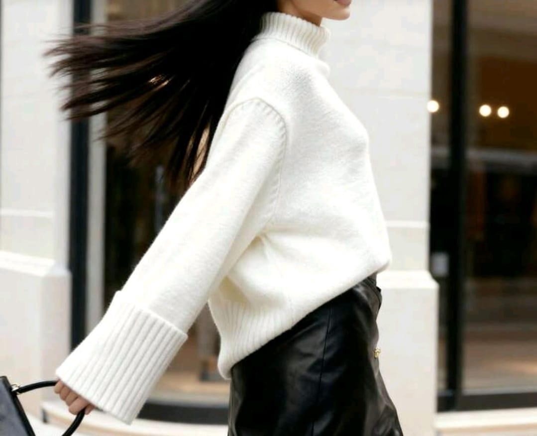 Women White Turtleneck Knit Sweater â€“ Soft Loose Fit Winter Pullover