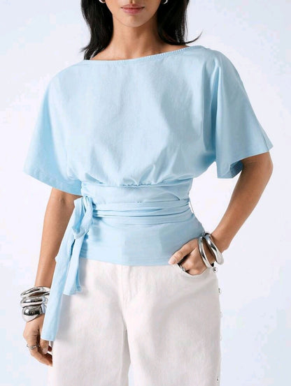 Women’s Light Blue Cotton Wrap Top – Short Sleeve Tie Waist Casual Blouse