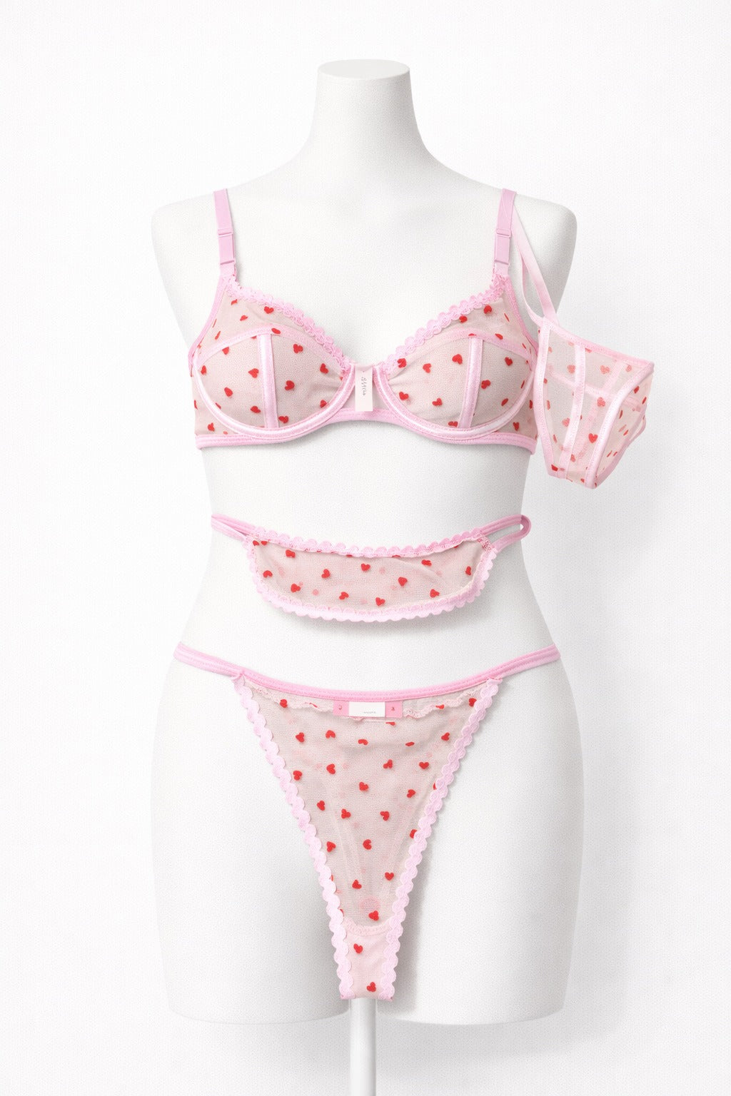 Sweetheart Mesh Lingerie Set – Pink Sheer Heart Print Bra & Thong Set for Women
