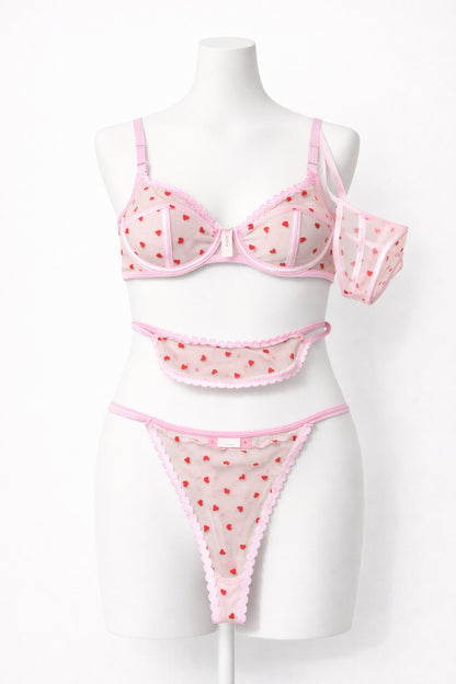 Sweetheart Mesh Lingerie Set – Pink Sheer Heart Print Bra & Thong Set for Women