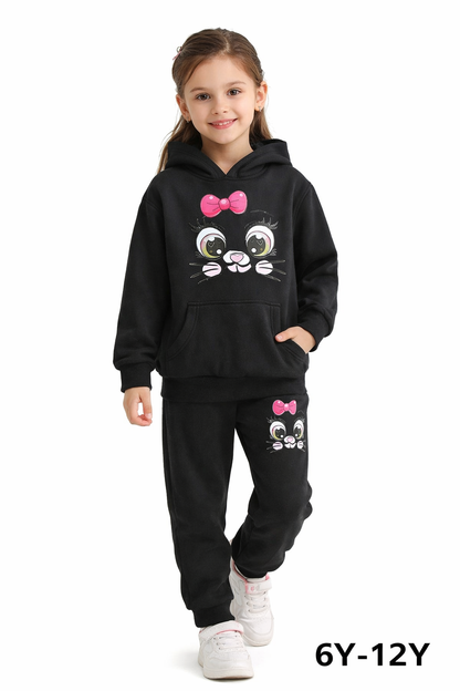 Girls Black Fleece Hoodie & Jogger Set – Cute Cartoon Cat Print – Winter Kids Tracksuit 6Y-12Y