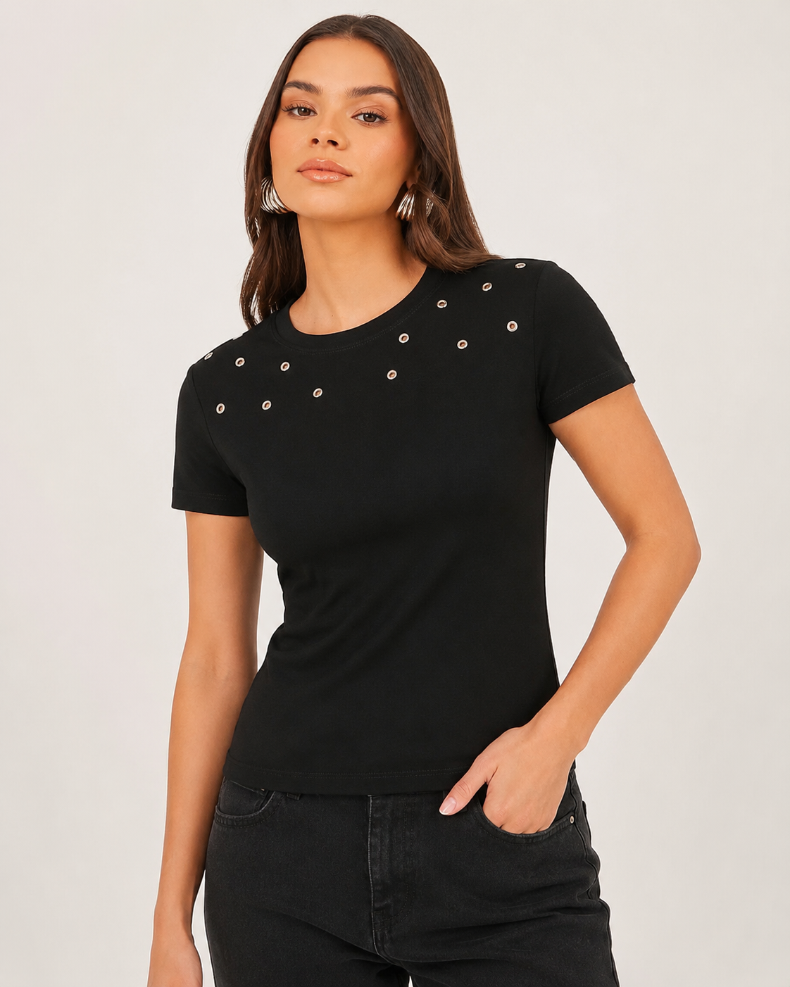 SHEIN Fast Delivery in 5 Days Black Eyelet Detail Fitted T-Shirt