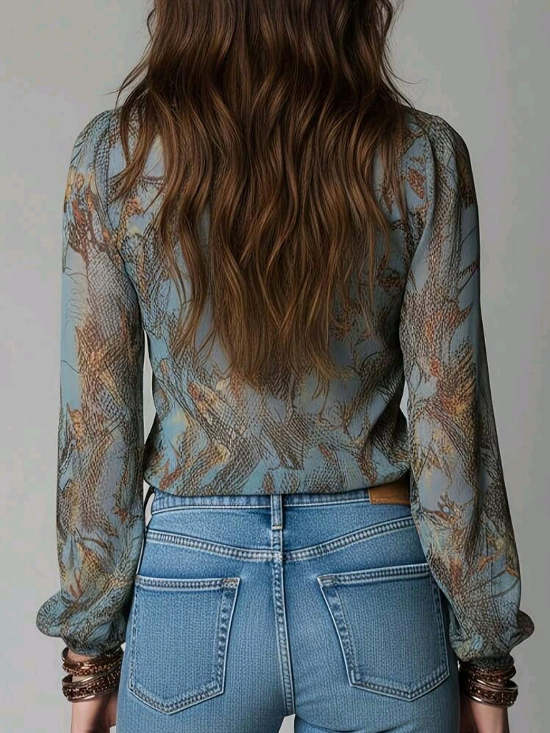Blue Printed Ruffle V-Neck Blouse