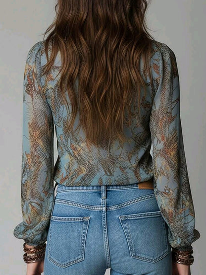 Blue Printed Ruffle V-Neck Blouse
