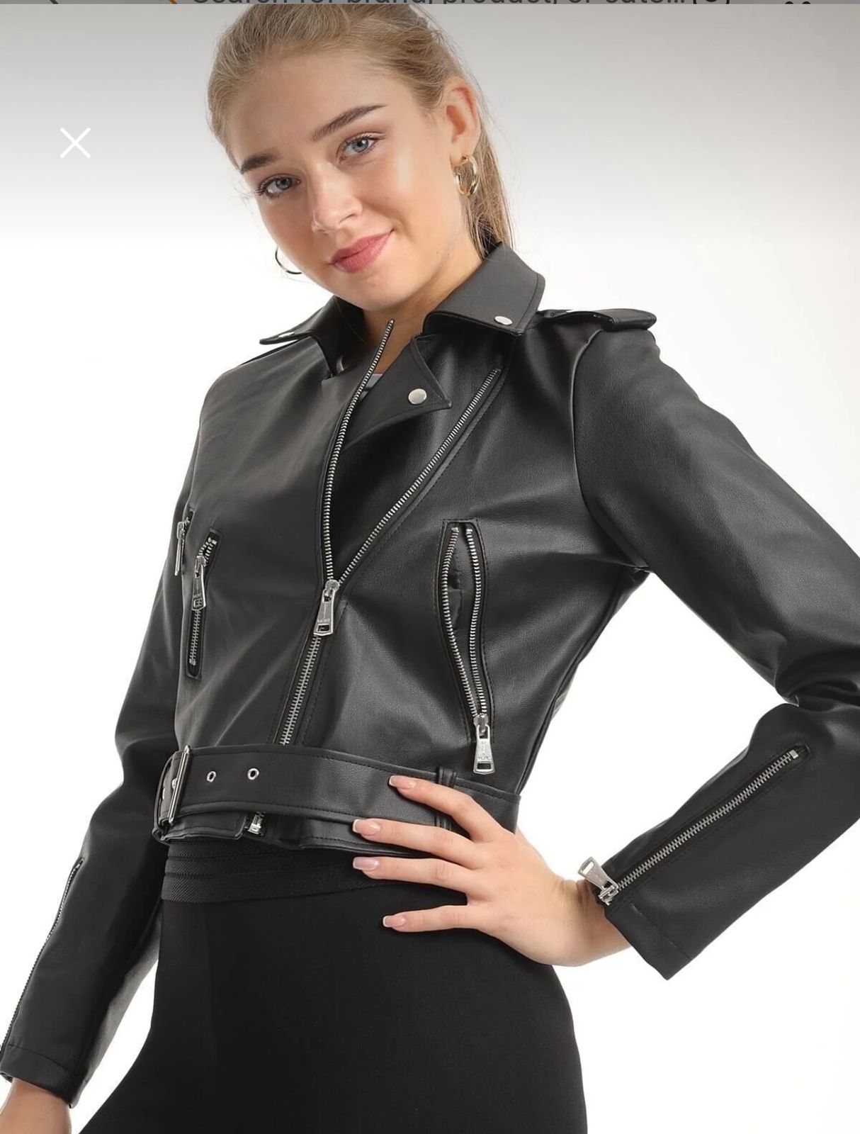 Women’s Black Faux Leather Biker Jacket with Belt – Slim Fit Zip Moto Jacket