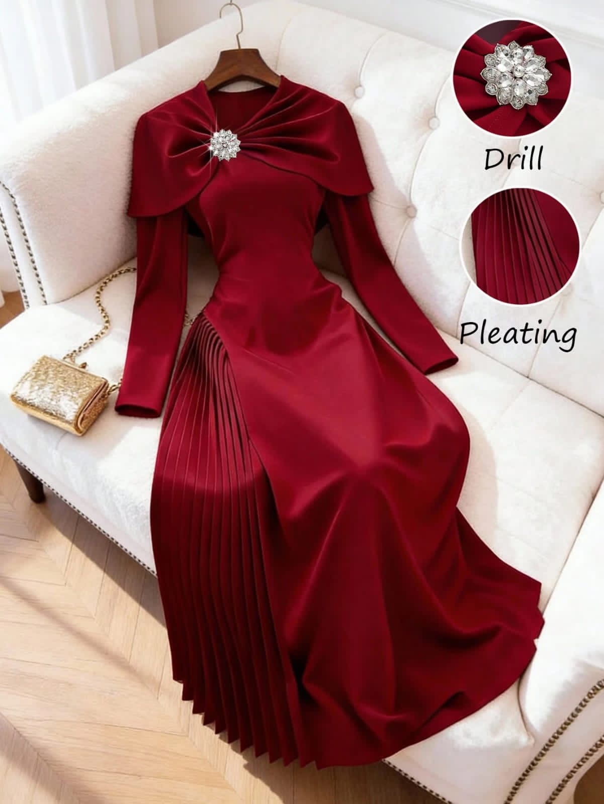 Women’s Burgundy Pleated Evening Maxi Dress – Long Sleeve Formal Dress with Brooch Detail