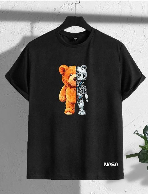 Men’s Black Teddy Robot Graphic Cotton T-Shirt, Short Sleeve Casual Top
