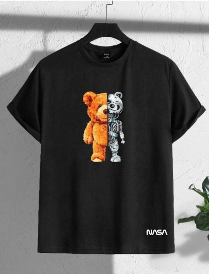 Men’s Black Teddy Robot Graphic Cotton T-Shirt, Short Sleeve Casual Top