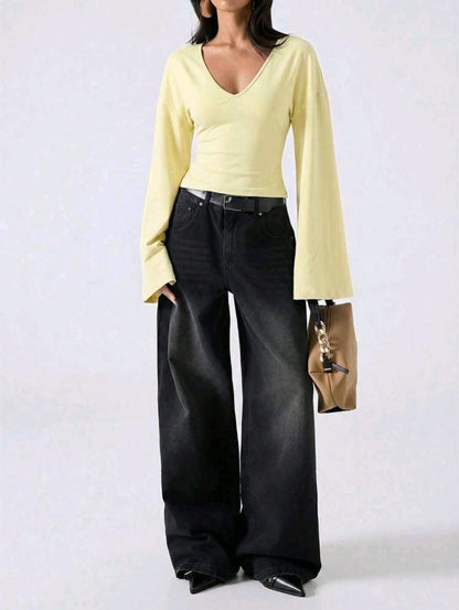SHEIN Women Light Yellow V Neck Bell Sleeve Top
