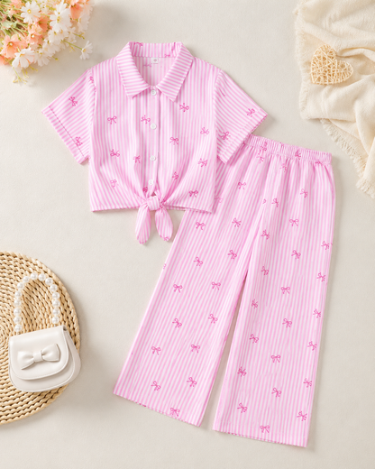 Girls Pink Striped Shirt and Wide Leg Pants Set with Bow Print