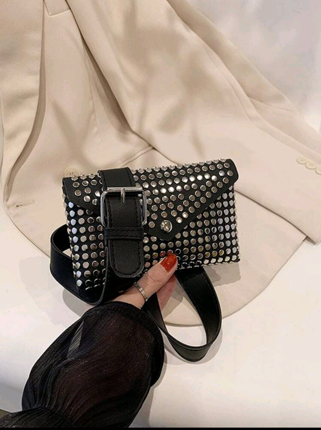 SHEIN Fast Delivery Women’s Black Studded Belt Bag