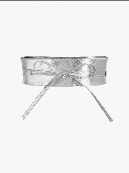 Silver Metallic Bow Tie Waist Belt for Women