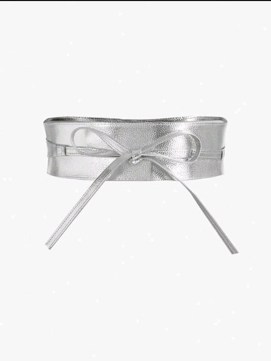 Silver Metallic Bow Tie Waist Belt for Women