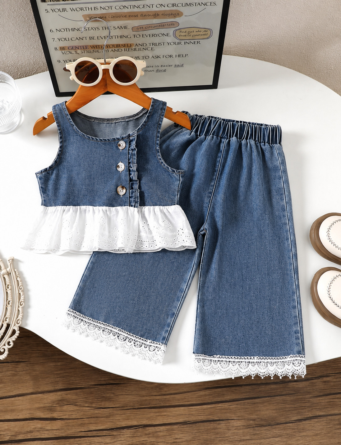 Girls Denim Sleeveless Top & Wide Leg Pants Set with White Lace Trim – Blue Casual Summer Outfit