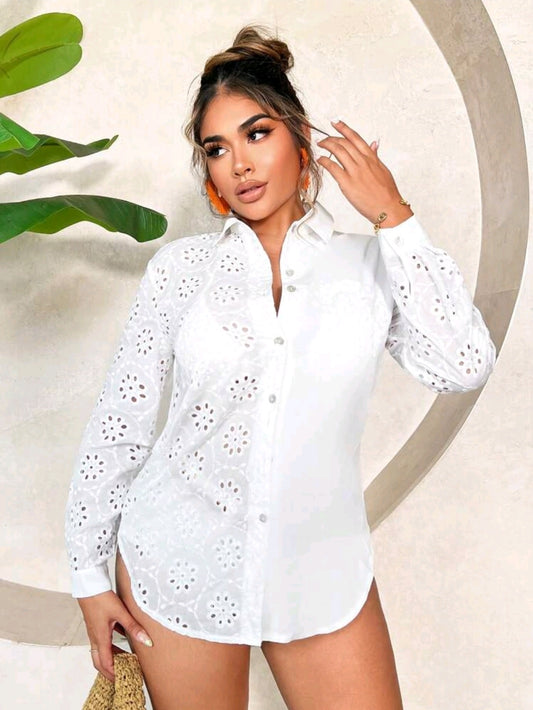 White Eyelet Sleeve Button-Up Shirt for Women