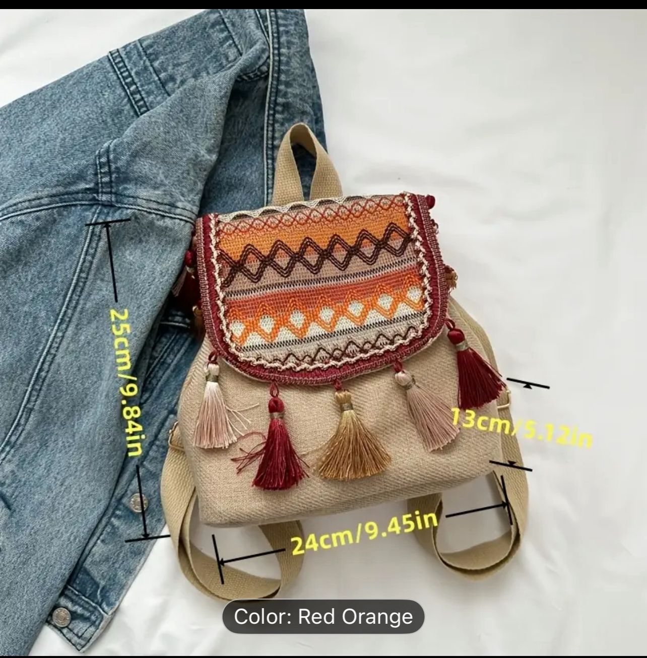 Boho Embroidered Mini Backpack with Tassels, Red Orange Canvas Travel Bag