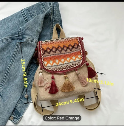 Boho Embroidered Mini Backpack with Tassels, Red Orange Canvas Travel Bag
