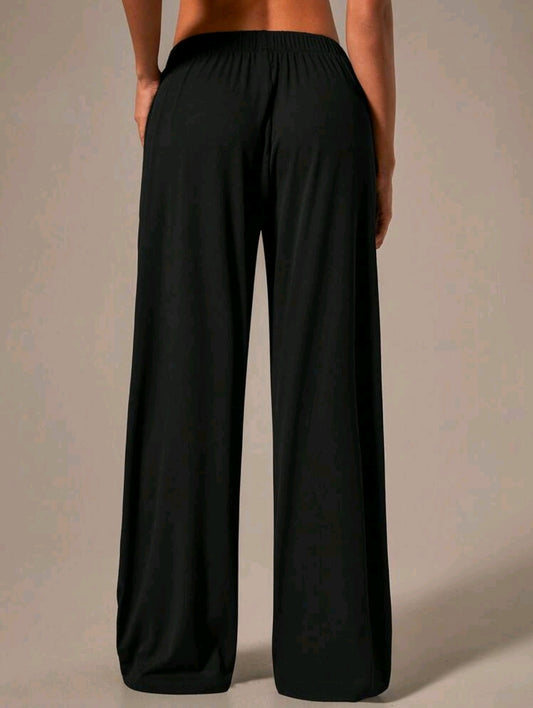 SHEIN Women’s Black Ribbed Wide Leg Sports Pants – Elastic Waist Loose Fit Pocket Trousers,