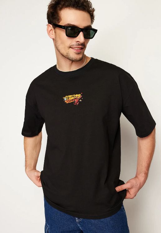 Men’s Black Small Chest Graphic Cotton T-Shirt, Short Sleeve Casual Streetwear Top