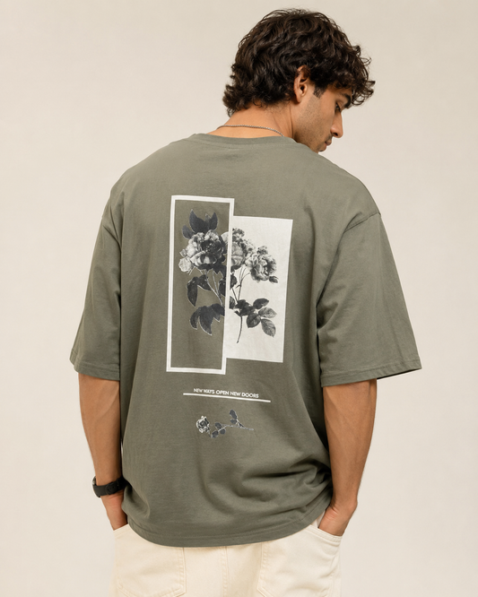 Men’s Olive Green Floral Back Print Cotton T-Shirt, Short Sleeve Casual Top