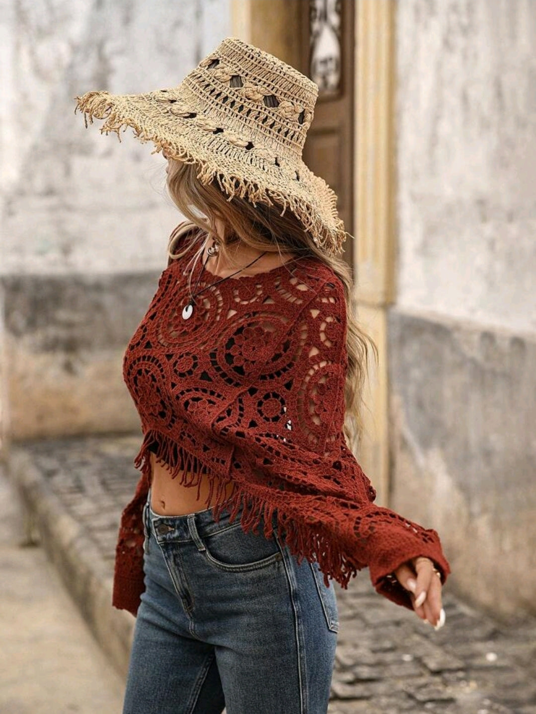 Boho Crochet Tassel Sweater – Hollow Out Floral Knit Women Top