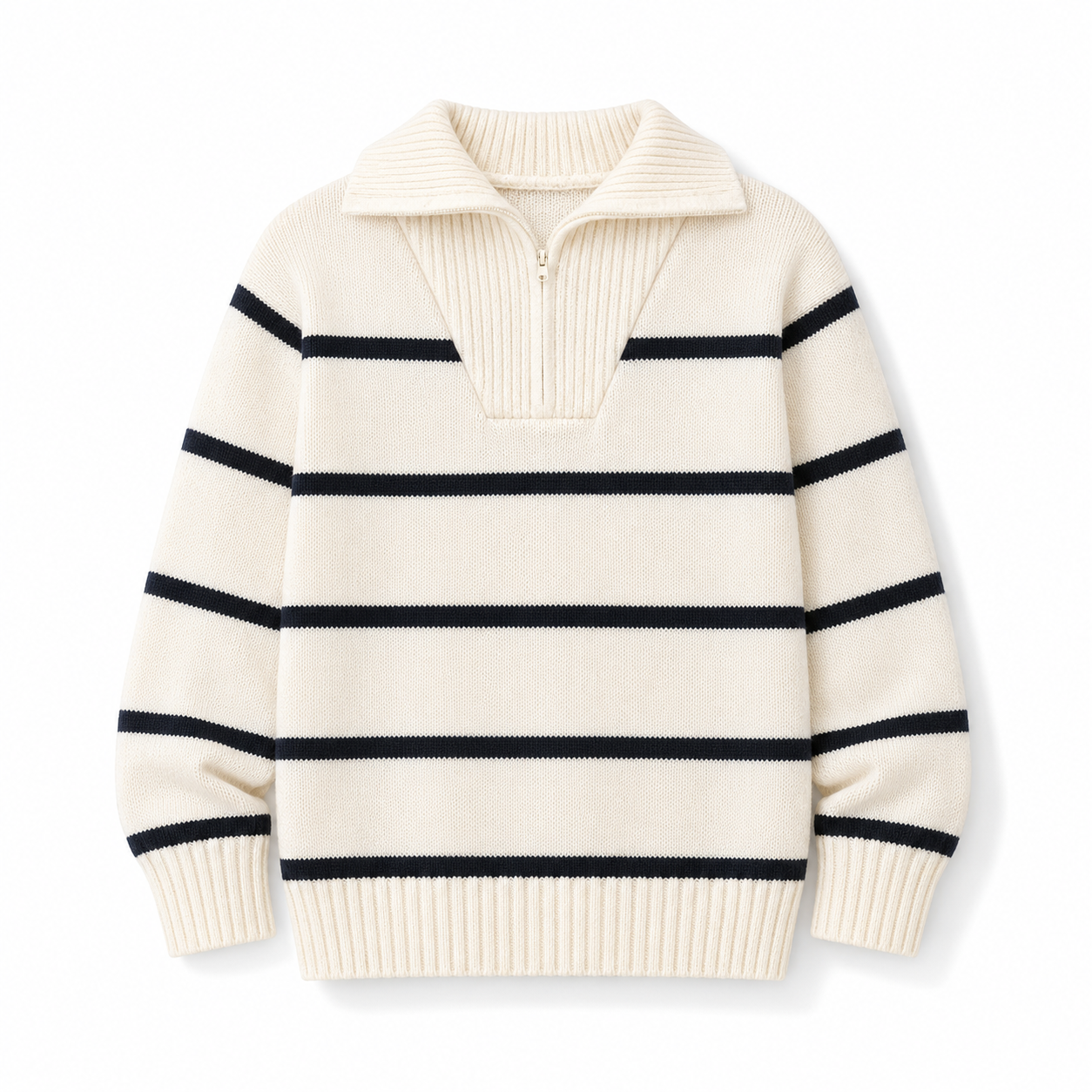 Kids Cream Striped Knit Pullover Sweater with Collar, Soft Long Sleeve Winter Top