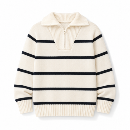 Kids Cream Striped Knit Pullover Sweater with Collar, Soft Long Sleeve Winter Top