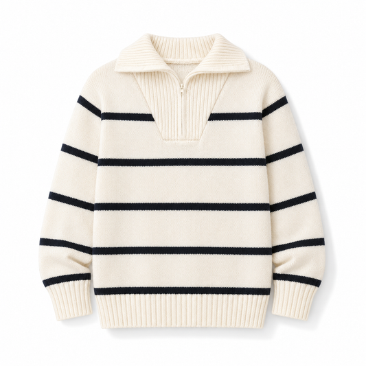 Kids Cream Striped Knit Pullover Sweater with Collar, Soft Long Sleeve Winter Top