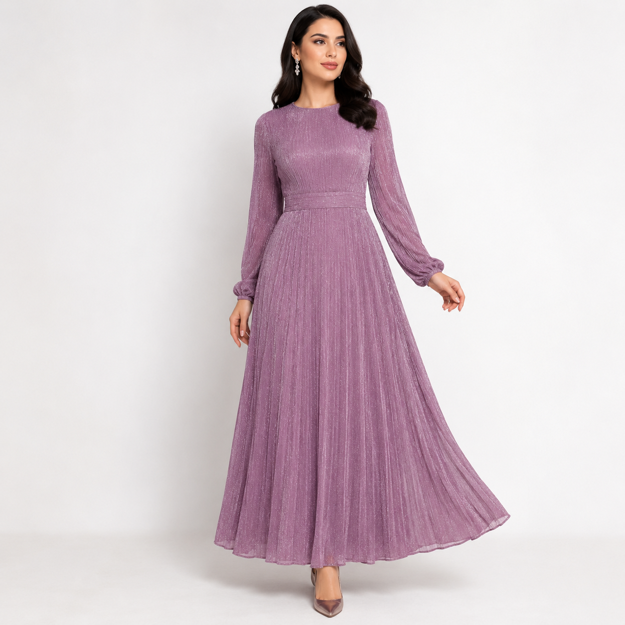 SHEIN Modest Lavender Pleated Maxi Dress – Long Sleeve Elegant Evening Dress, SHEIN Fast Delivery in 5 Days