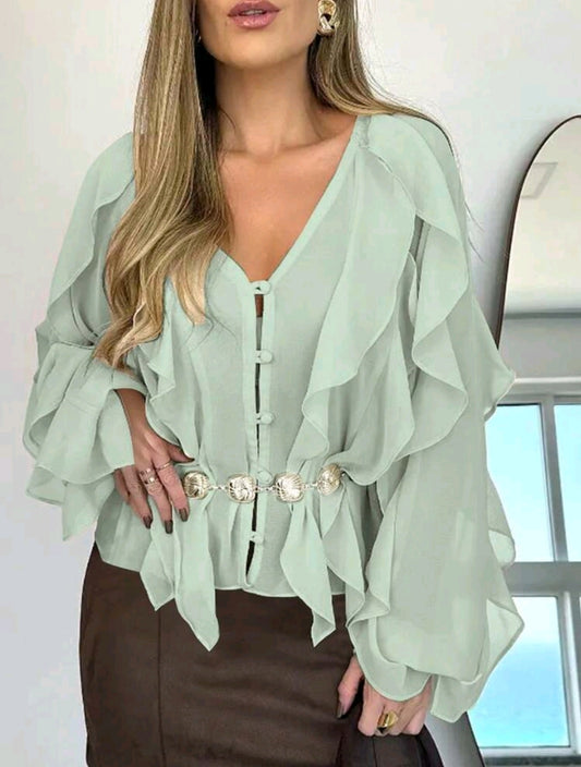 Mint Green Ruffle Front Chiffon Blouse