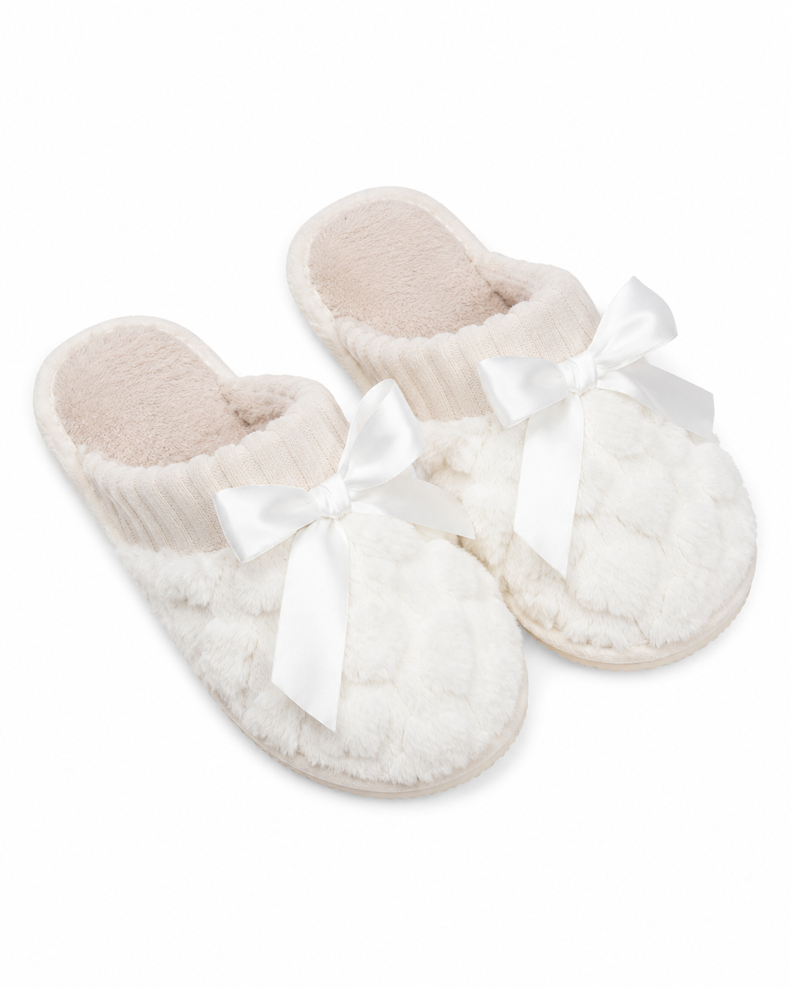 Women’s White Faux Fur House Slippers – Soft Plush Indoor Slippers with Bow Detail