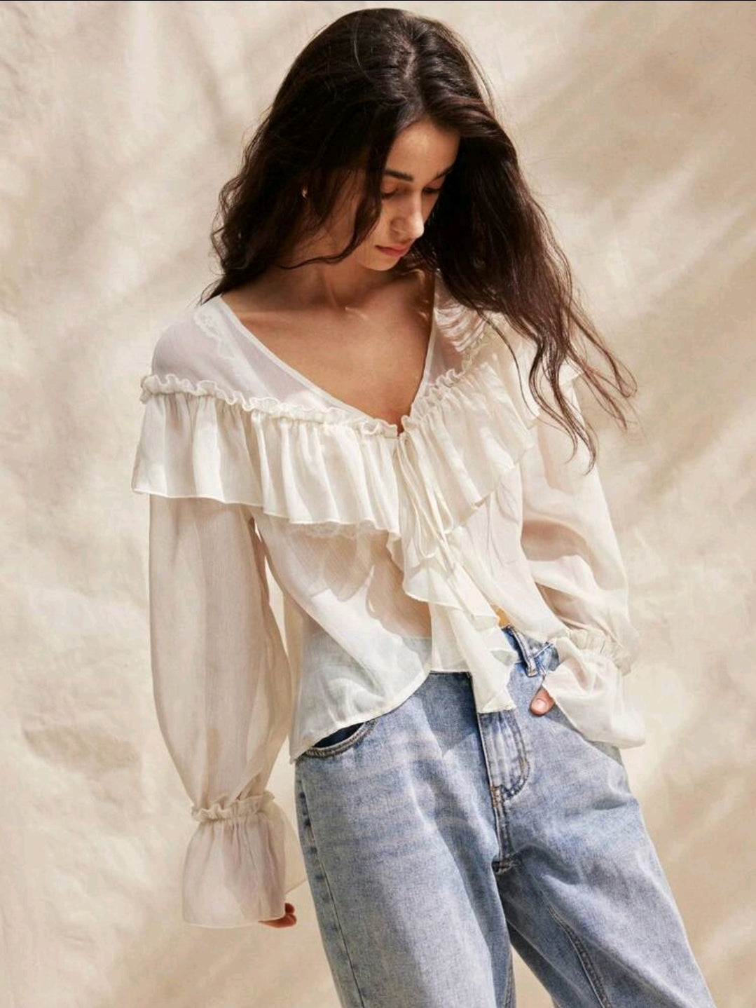 White Boho Ruffle Sheer Blouse – V Neck Lace Trim Romantic Women Top