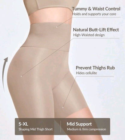 High Waisted Mid-Thigh Shapewear Shorts for Women – Tummy Control & Butt Lifting Body Shaper