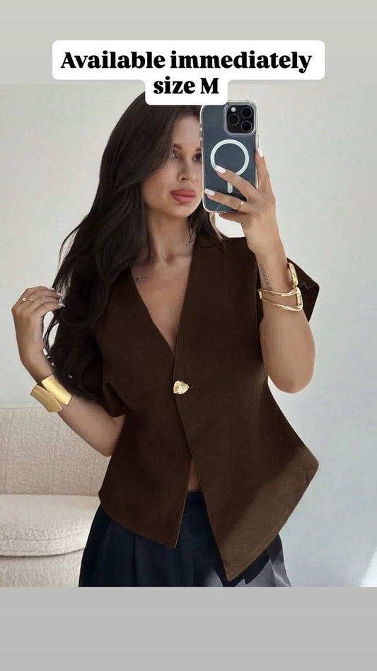 Brown Sleeveless Vest Top with Gold Button Detail