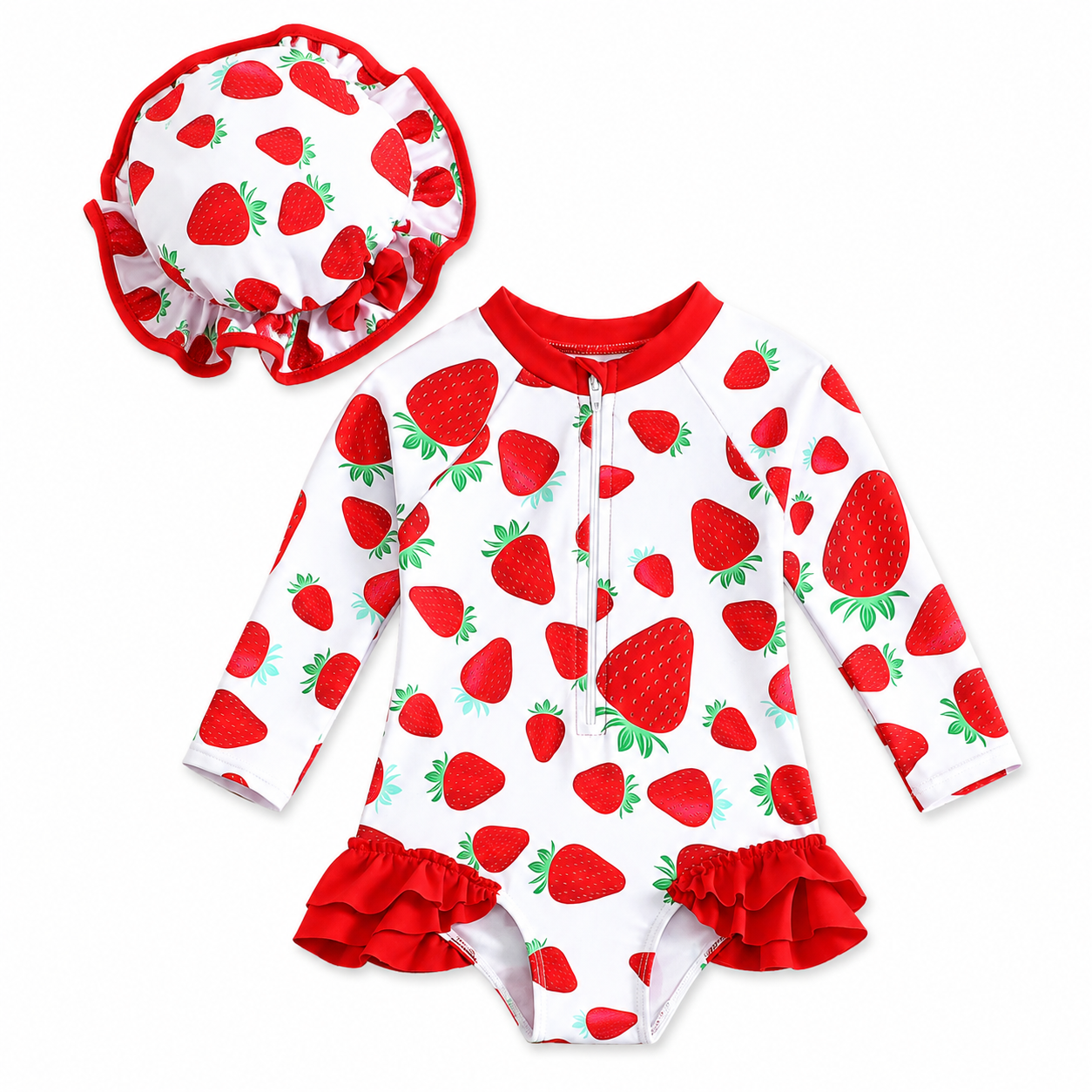Baby White Strawberry Long Sleeve Swimsuit Set with Hat – SHEIN Fast Delivery in 5 Days