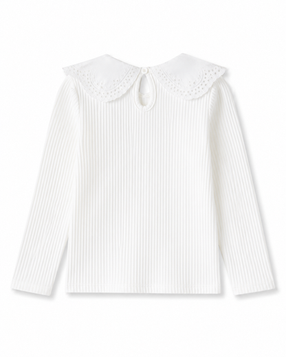SHEIN Kids White Ribbed Lace Collar Top – Long Sleeve Elegant Girls T-Shirt, SHEIN Fast Delivery in 5 Days